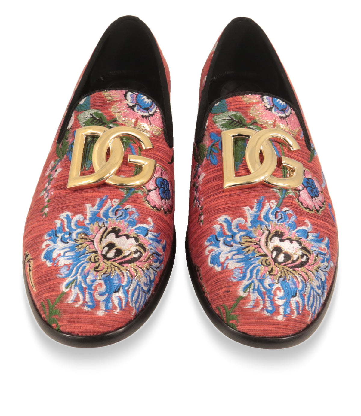 Dolce & Gabbana Slipper von oben mit DG-Logo und blauem Blütenmotiv