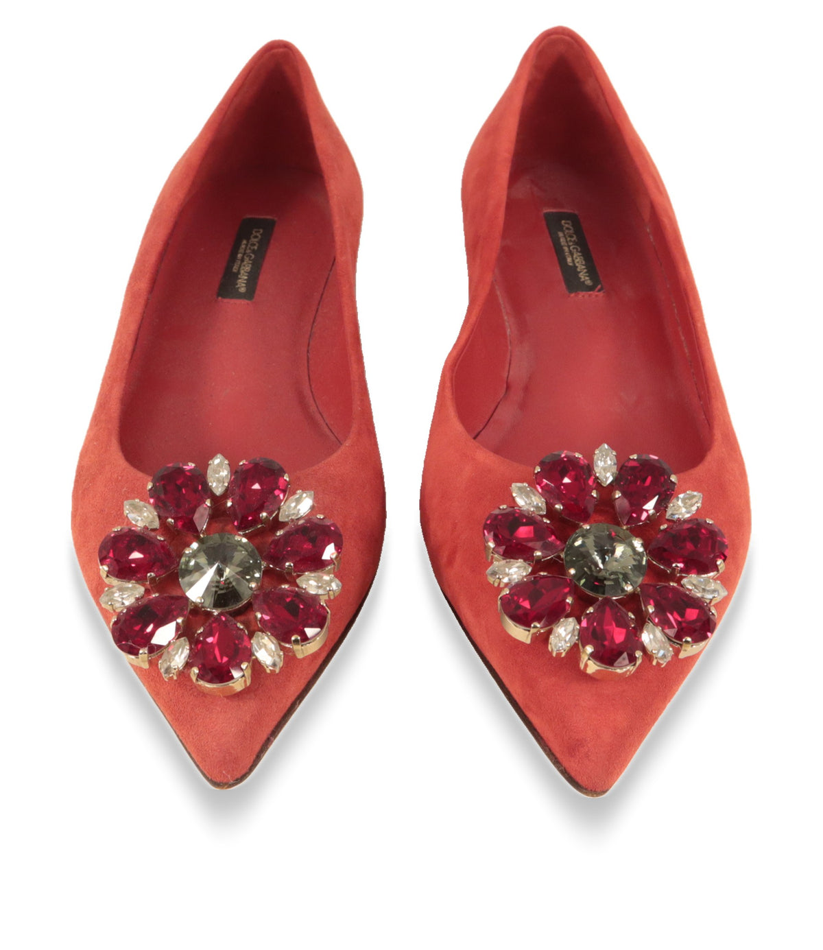Rote Wildleder-Ballerinas von Dolce & Gabbana von oben mit spitzer Kappe und Kristallverzierung