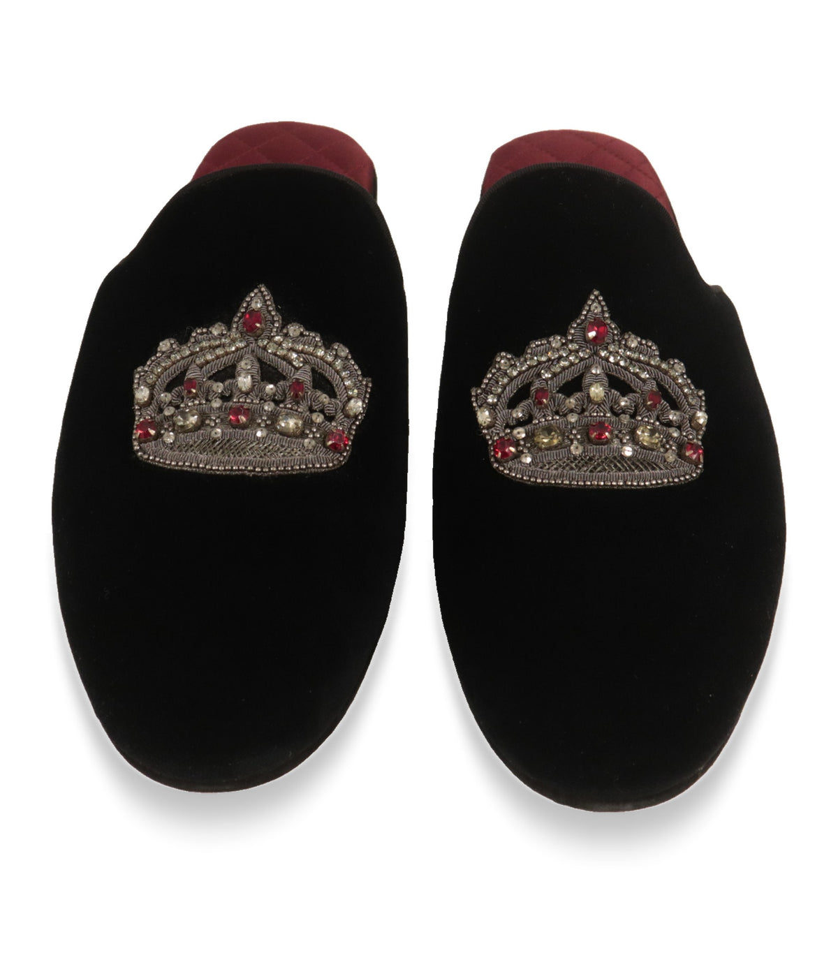 Dolce & Gabbana Hausschuhe von oben mit silberner Kronen-Stickerei auf schwarzem Samt
