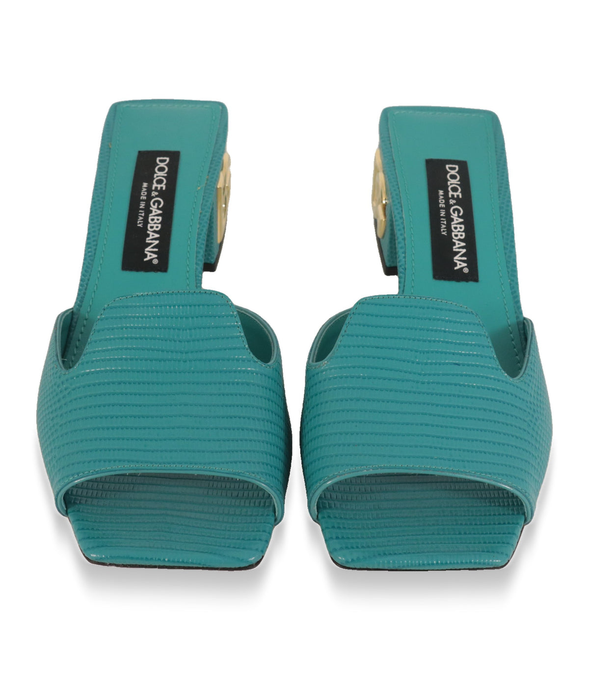 Türkisfarbene Dolce & Gabbana Mules von vorne mit quadratischer offener Zehenpartie