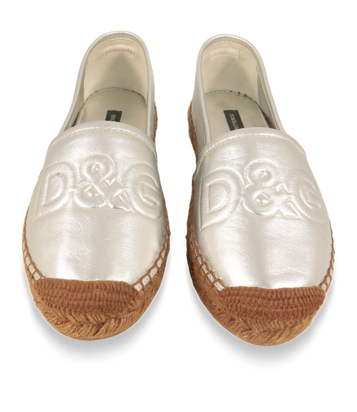 Dolce & Gabbana Espadrilles Draufsicht mit geprägtem D&G-Logo auf silbernem Leder