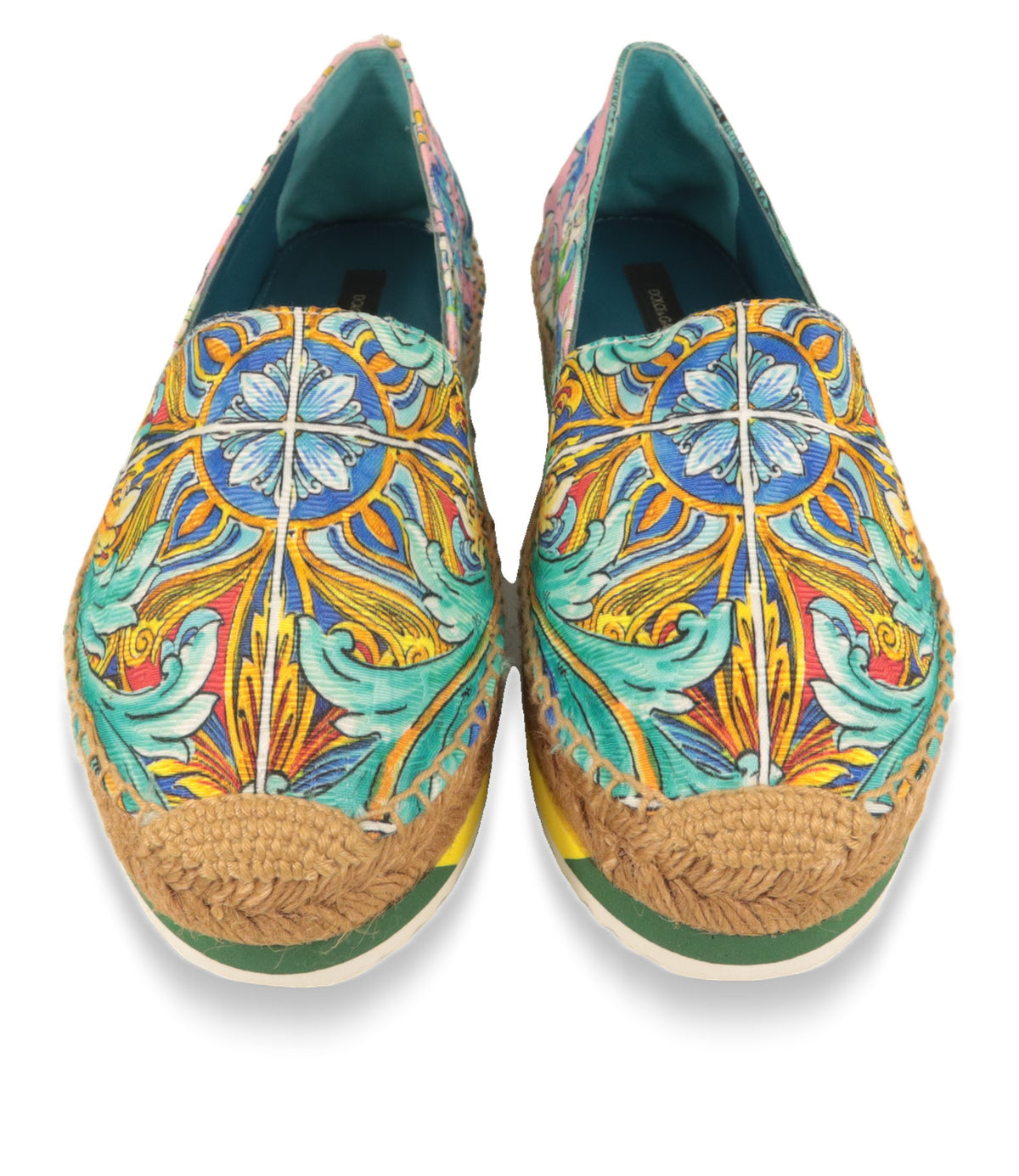 Dolce & Gabbana Espadrilles von oben mit türkisfarbenem Lederfutter und sizilianischem Fliesenmuster