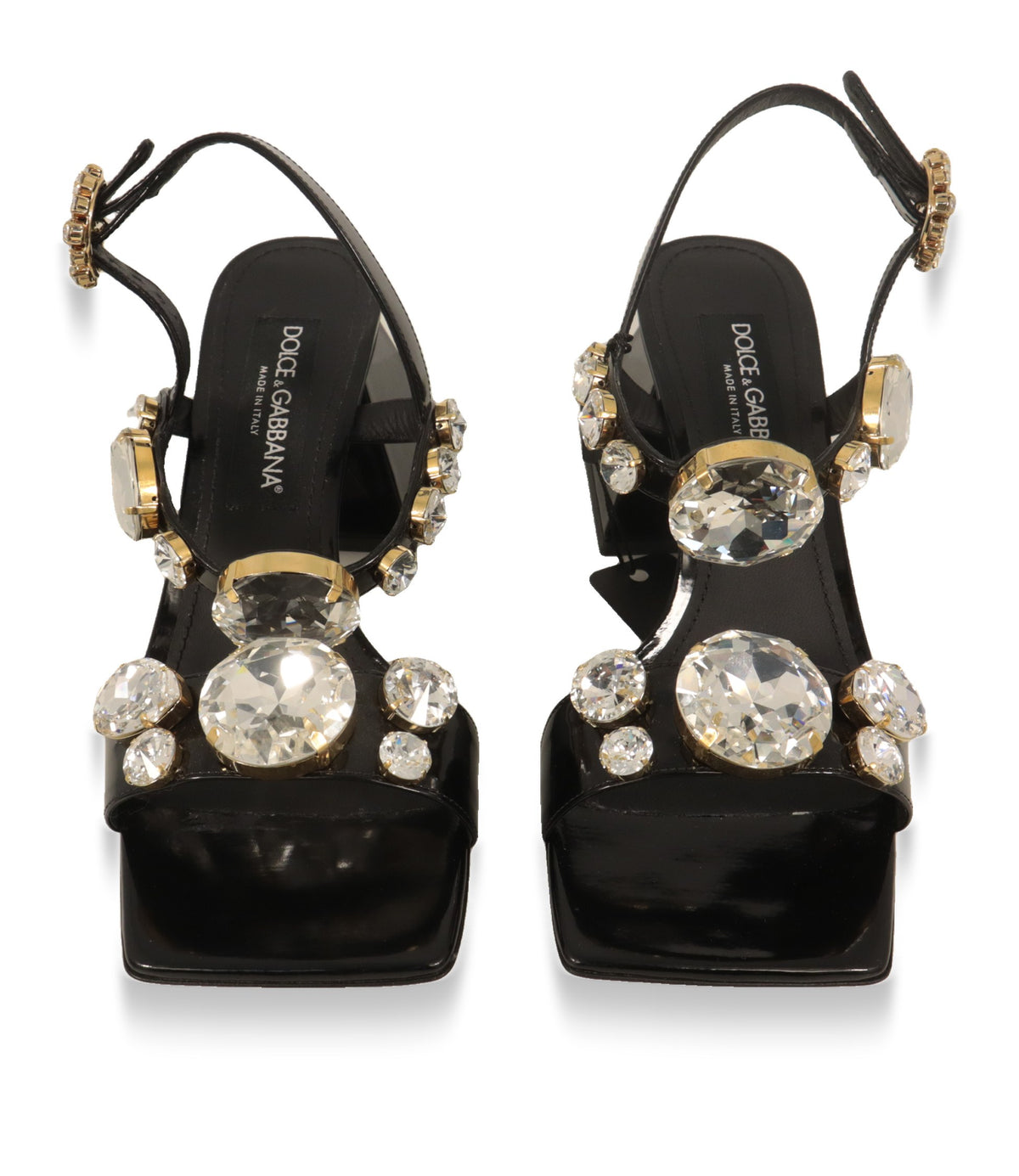 Dolce & Gabbana Sandaletten mit quadratischer Zehenform und Kristallriemen, Draufsicht auf beide Schuhe