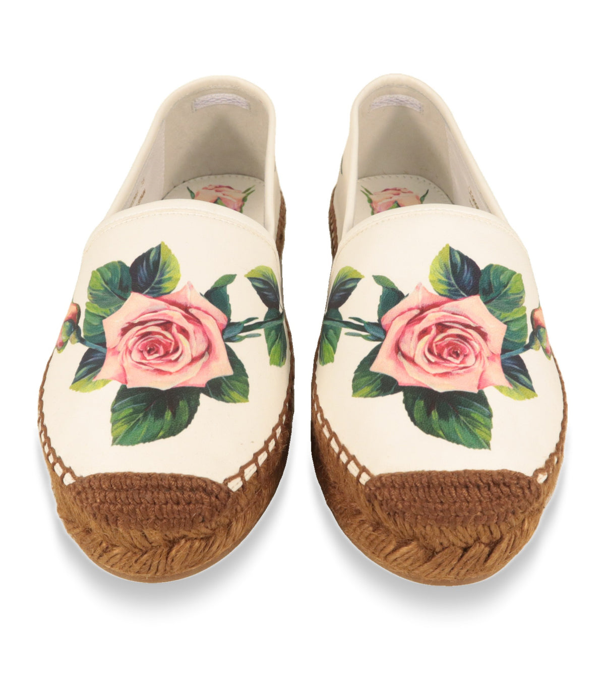 Dolce & Gabbana Espadrilles von oben: Rosen-Print in Rosa und Grün auf cremefarbenem Nappaleder