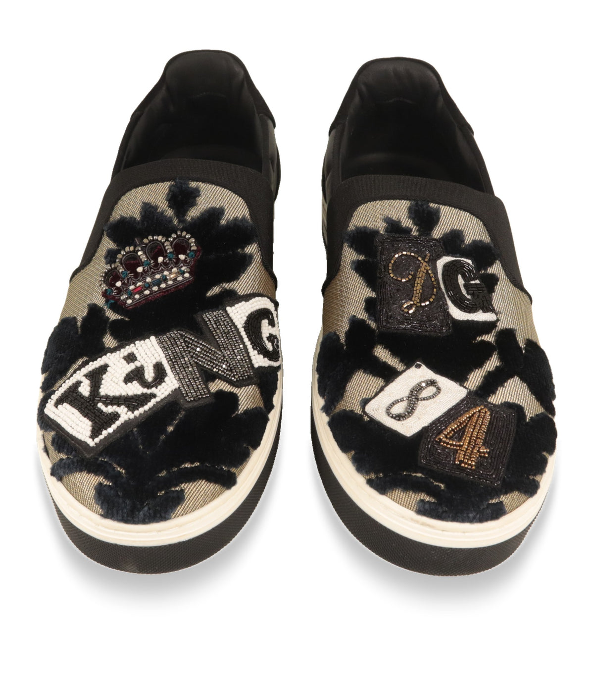 Dolce & Gabbana Slip-On Sneaker von oben mit KING-Schriftzug, Krone und DG-Perlenstickerei