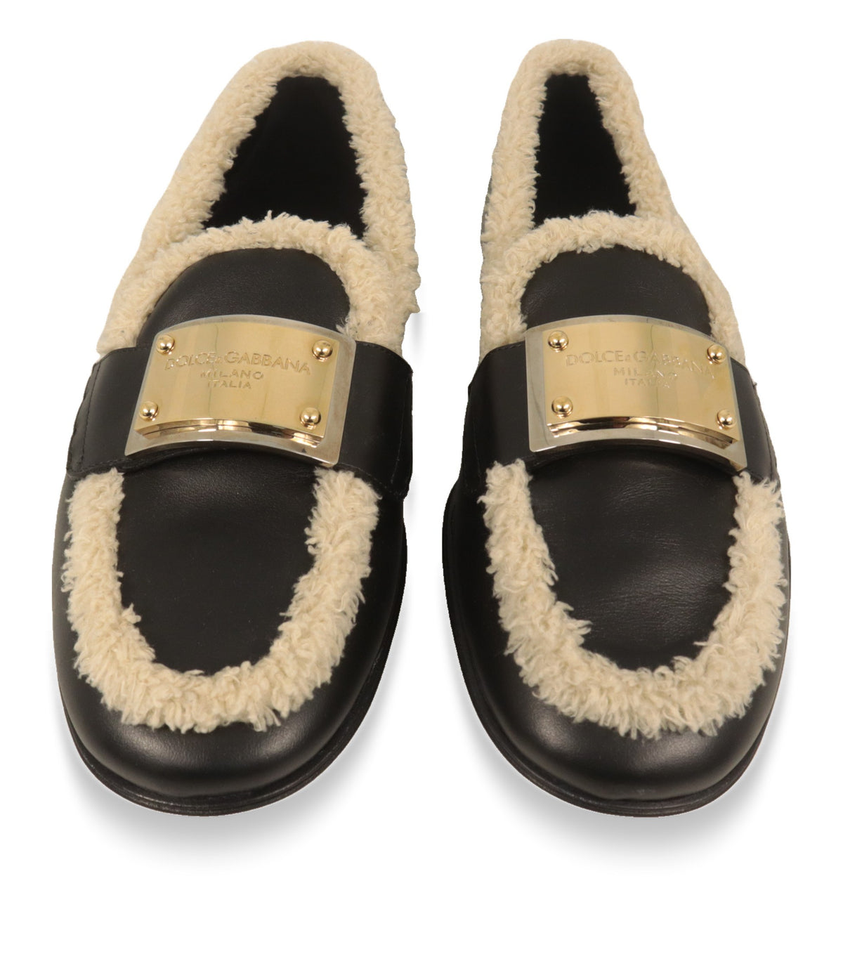 Dolce & Gabbana Loafer Draufsicht mit Metallplakette Milano Italia und Teddyfell-Einfassung