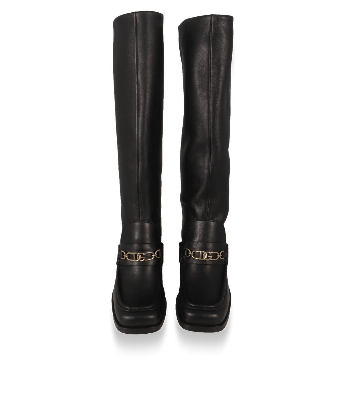 Schwarze Dolce & Gabbana Damenstiefel von vorne mit quadratischer Kappe und DG-Logo