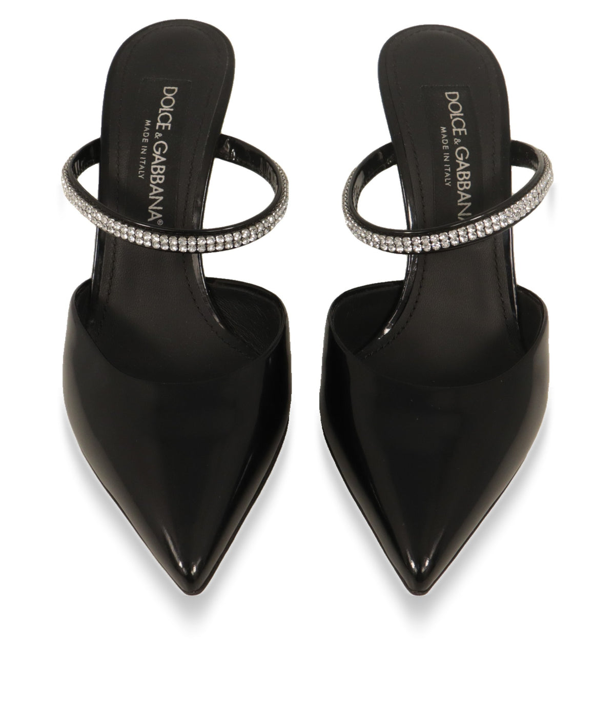 Dolce & Gabbana Mules von oben mit spitzer Kappe und funkelndem Kristallriemen
