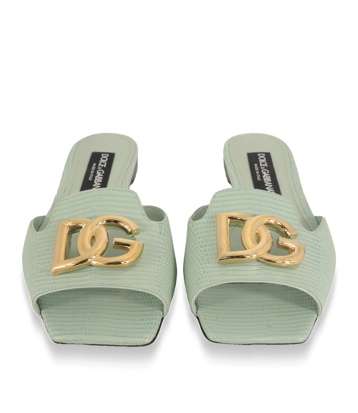 Dolce & Gabbana Pantoletten von vorne mit quadratischer offener Spitze und DG-Logo in Gold