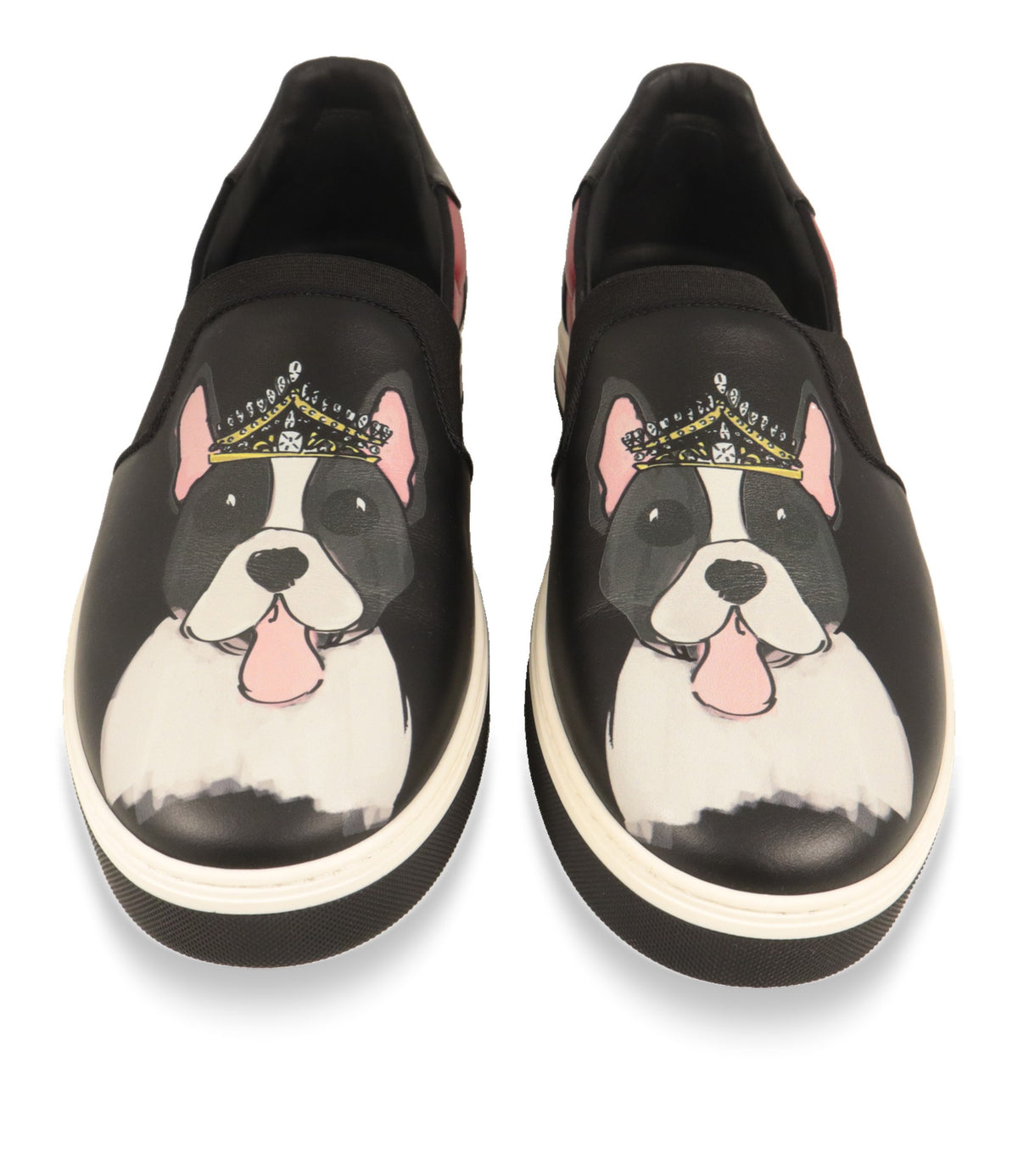 Dolce & Gabbana Herren Slip-On Sneaker in der Frontansicht mit Bulldoggen-Motiv und Krone