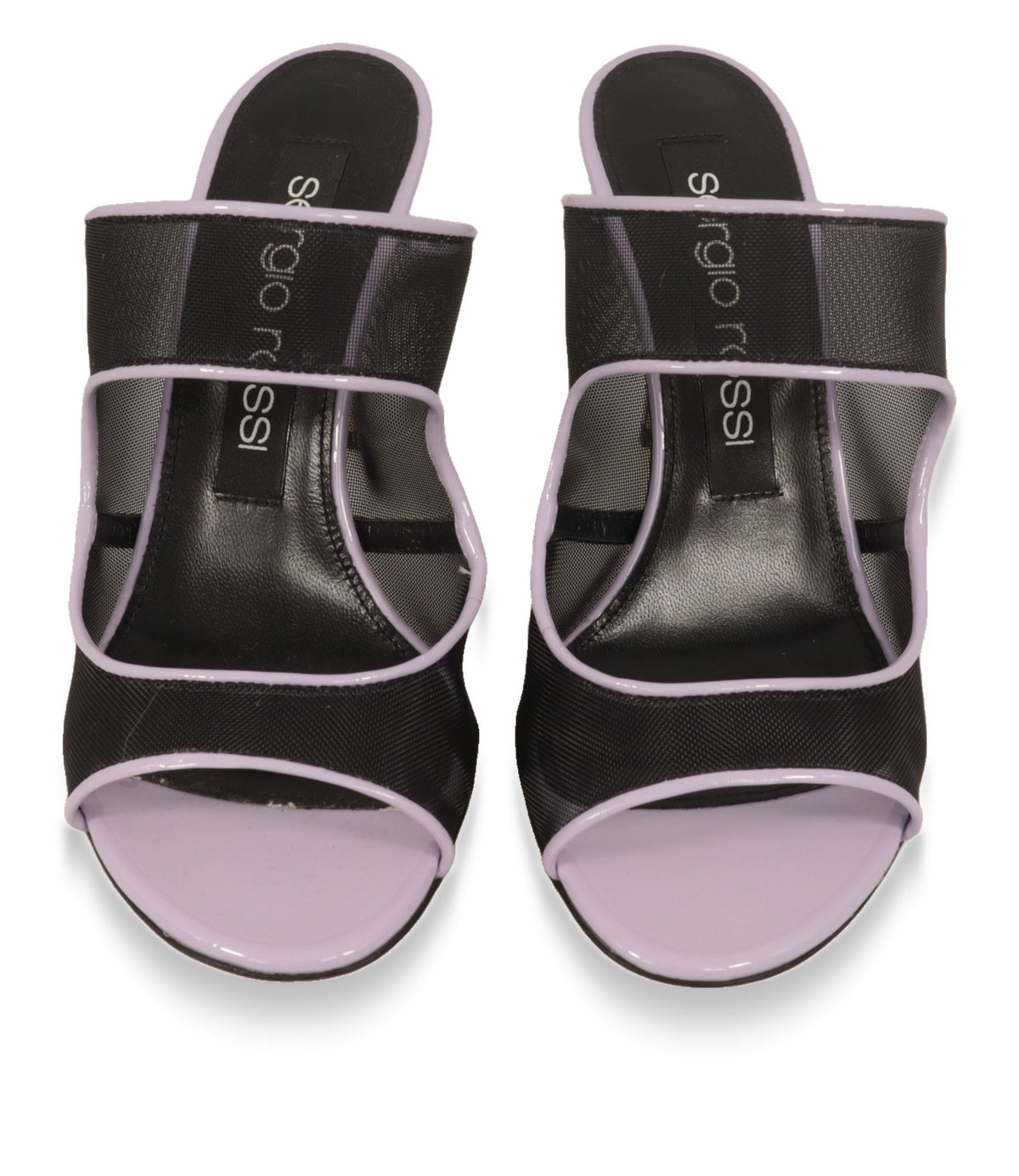 Sergio Rossi Mules von oben, schwarzes Netzgewebe mit Logo und offene Zehenpartie in Lila