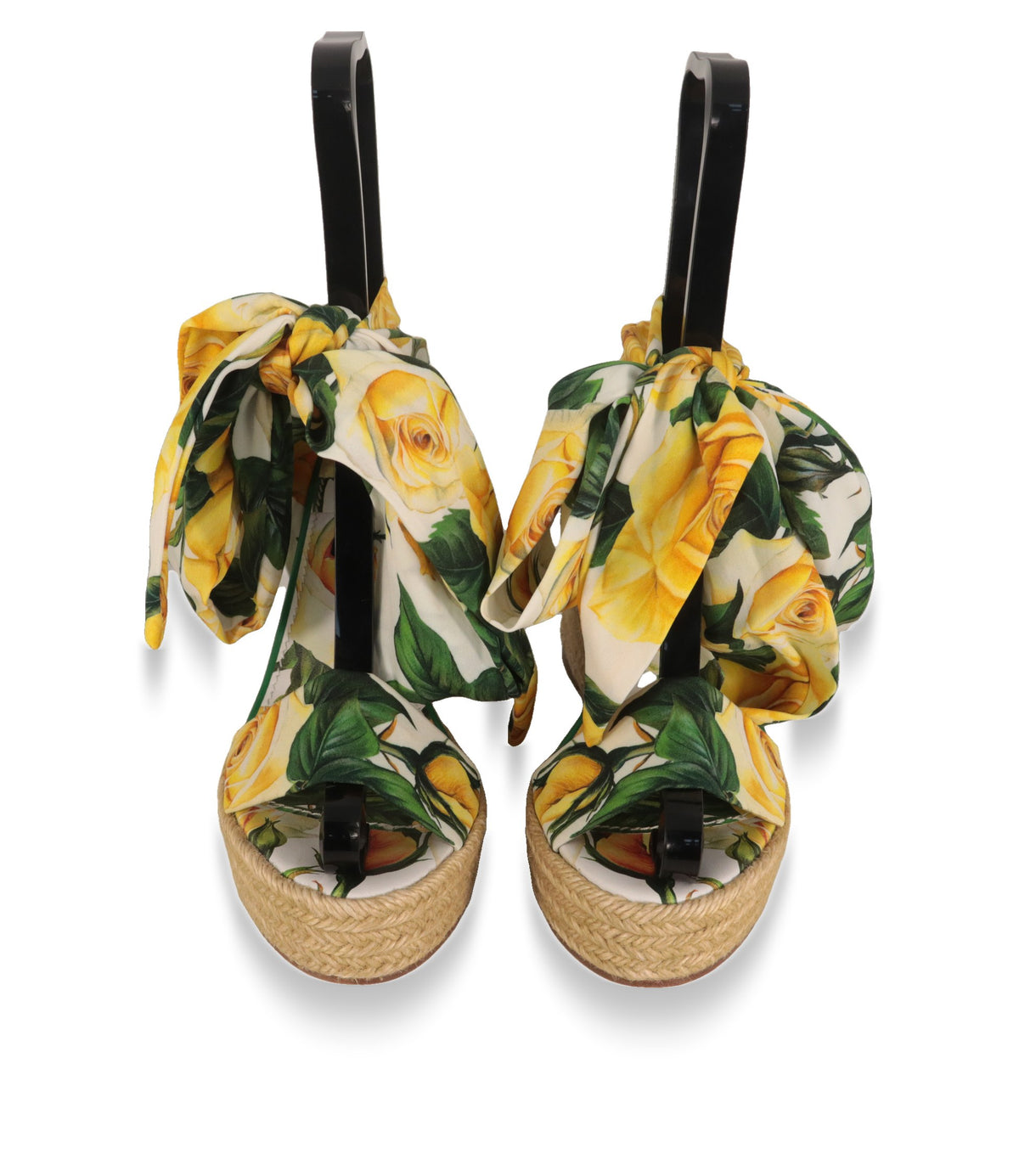 Dolce & Gabbana Plateau-Sandalen mit gelbem Rosendruck und offener Zehenpartie, Frontansicht