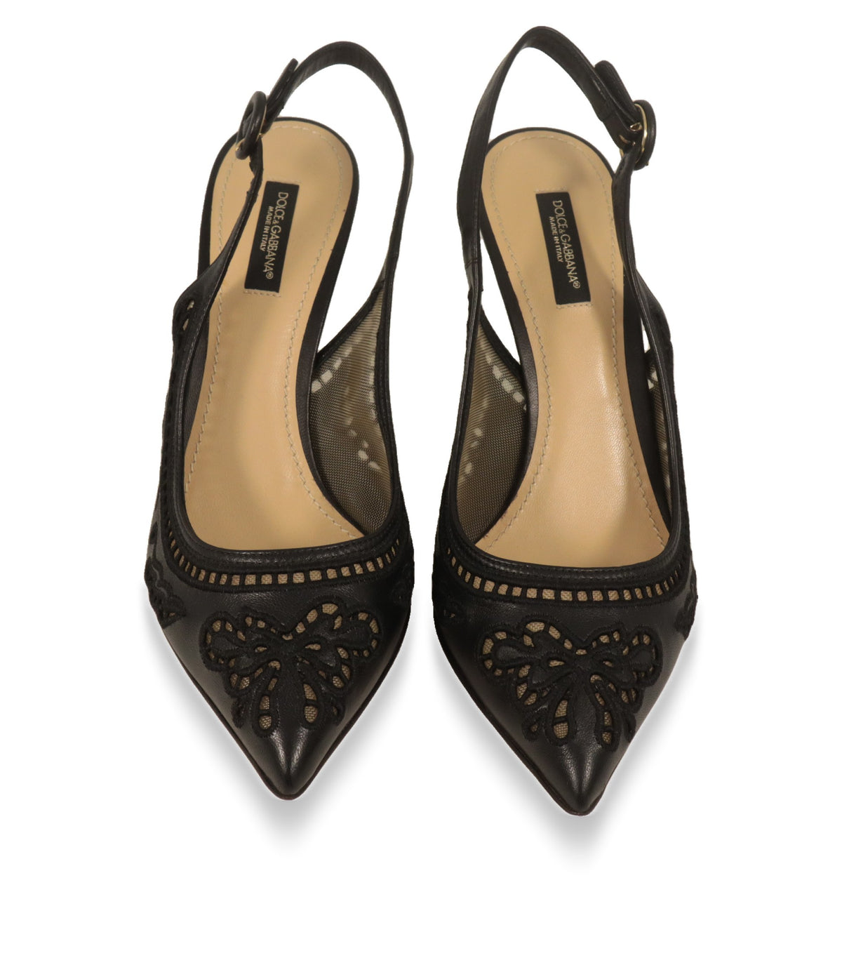 Schwarze Dolce & Gabbana Slingback Pumps von oben mit spitzer Kappe und hellem Lederfutter