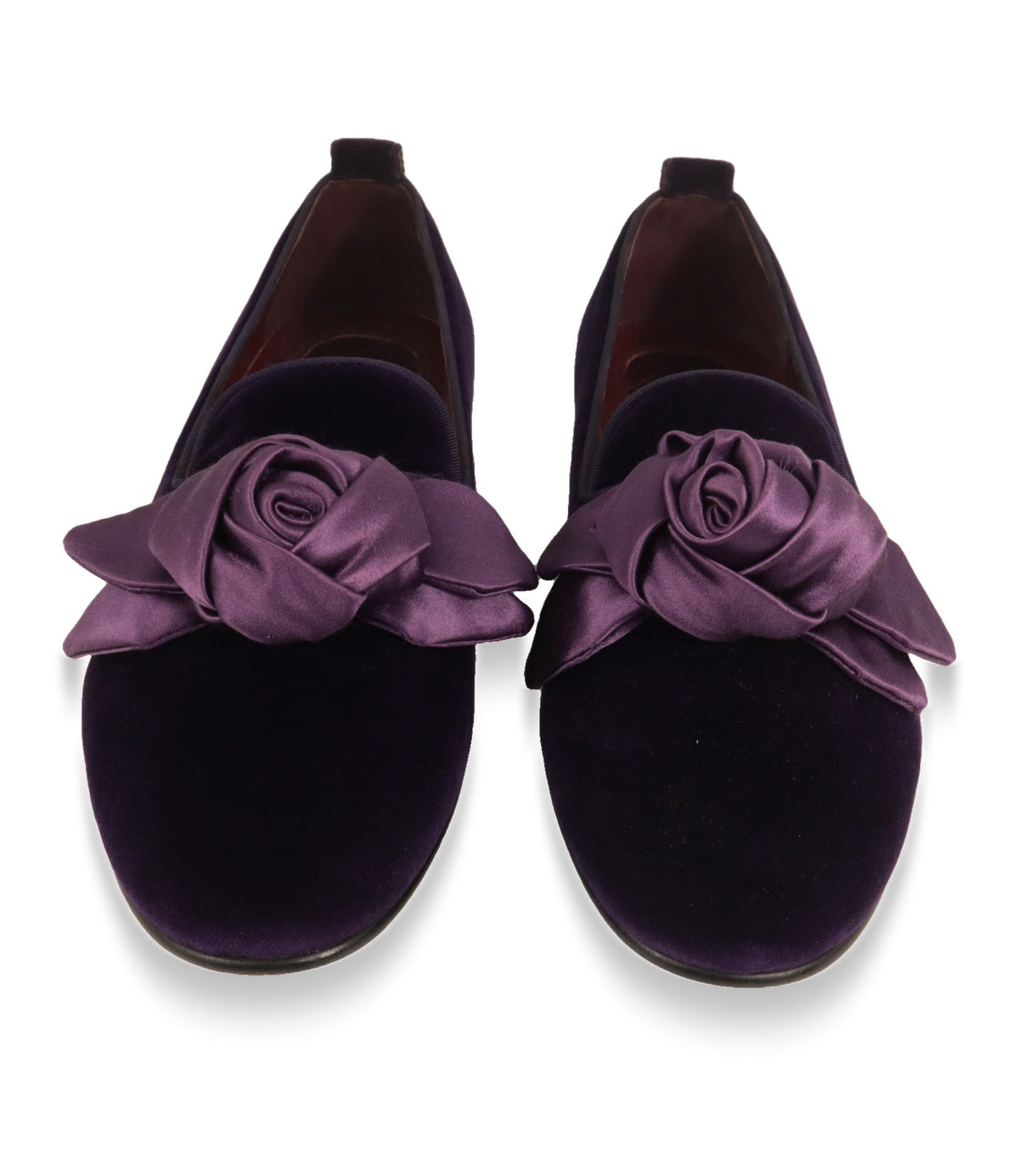 Dolce & Gabbana Samt Slipper von vorne mit roséfarbener Satinrose und Lederfutter