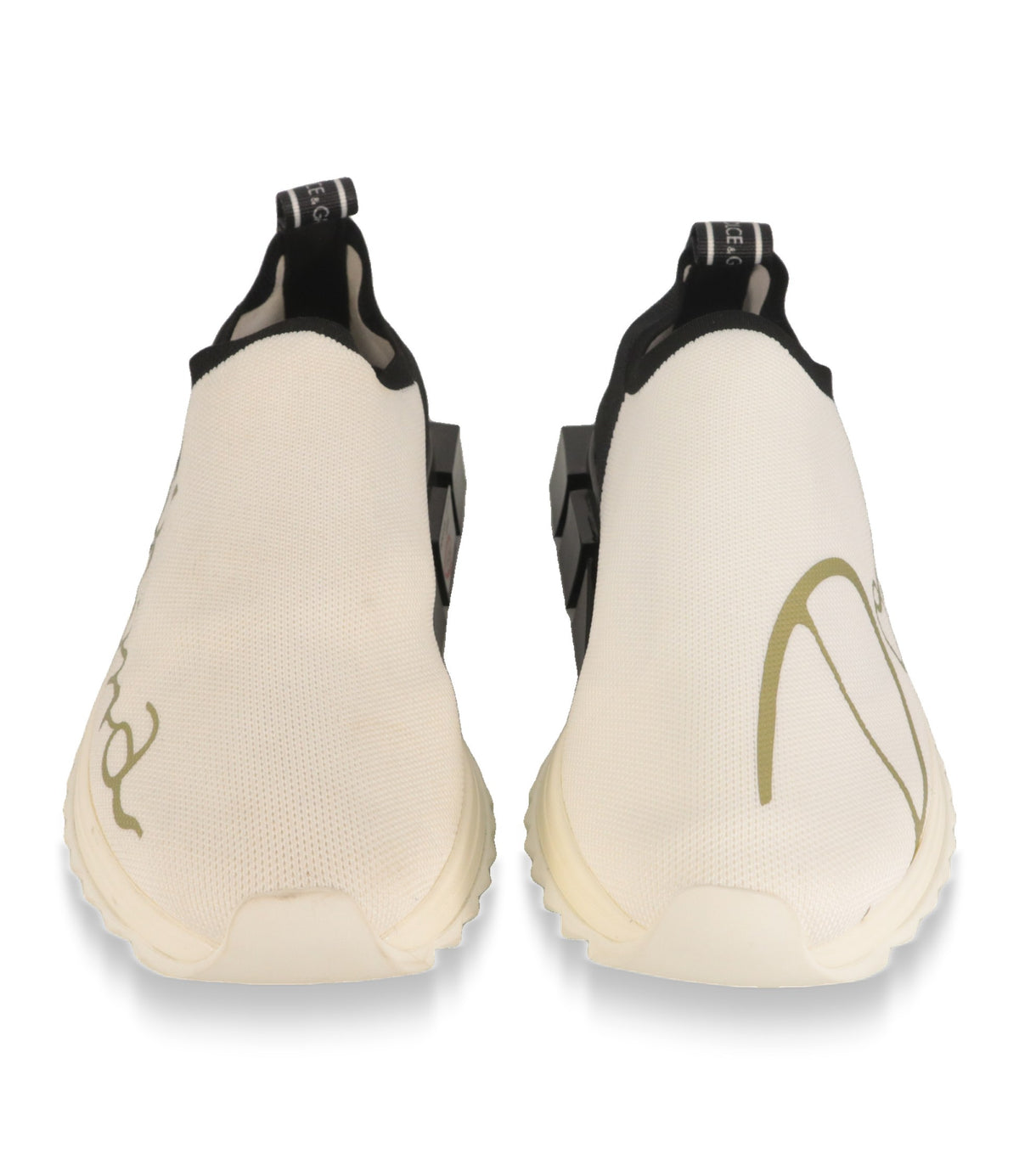 Weiße Dolce & Gabbana Slip-On Sneaker von vorne mit goldenem Logo-Print