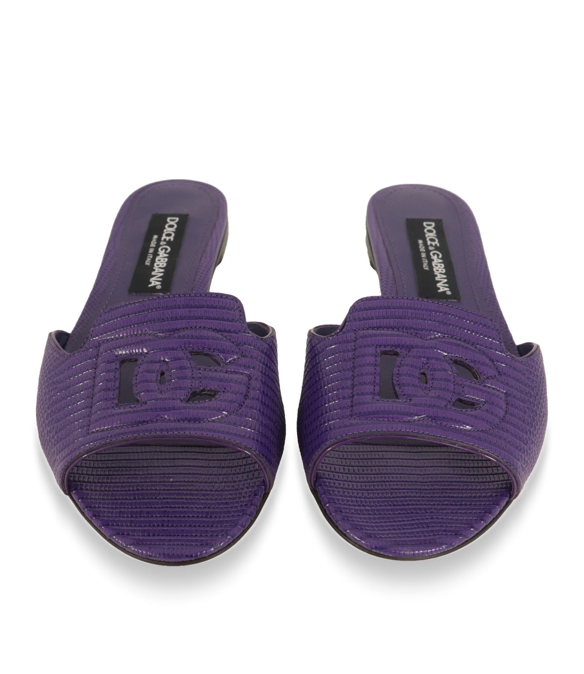 Dolce & Gabbana Slides in Violett mit ausgestanztem DG-Logo, Draufsicht