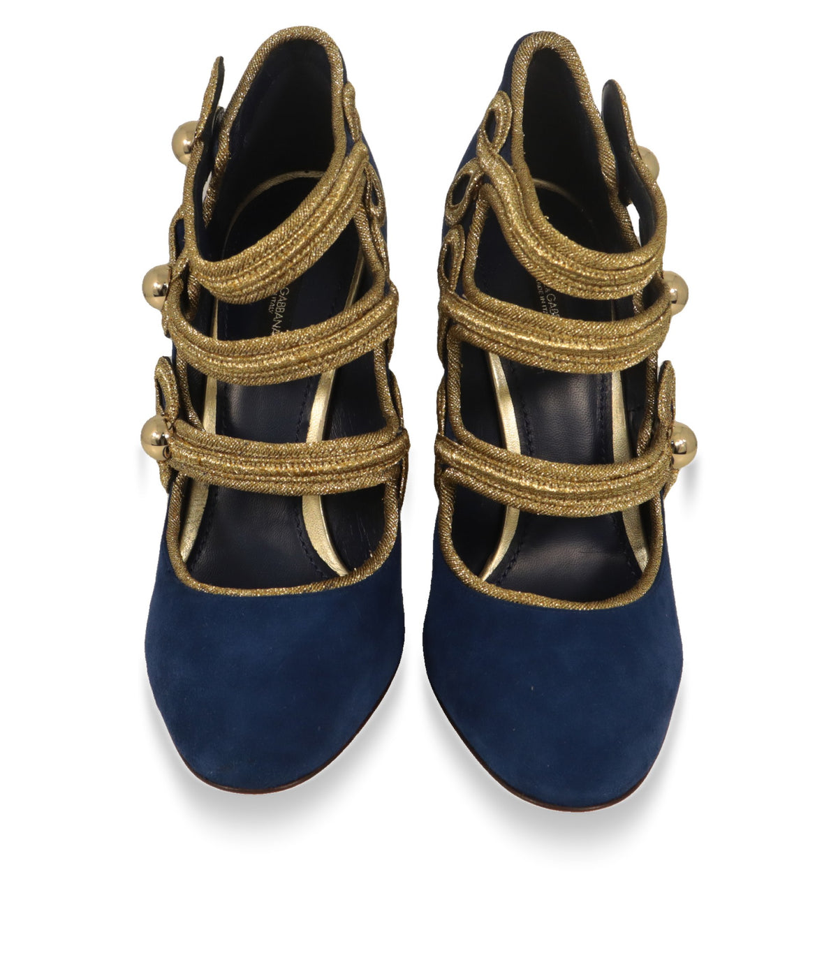 Blaue Dolce & Gabbana Absatzschuhe mit drei goldenen Riemen und Kugelknöpfen von vorne