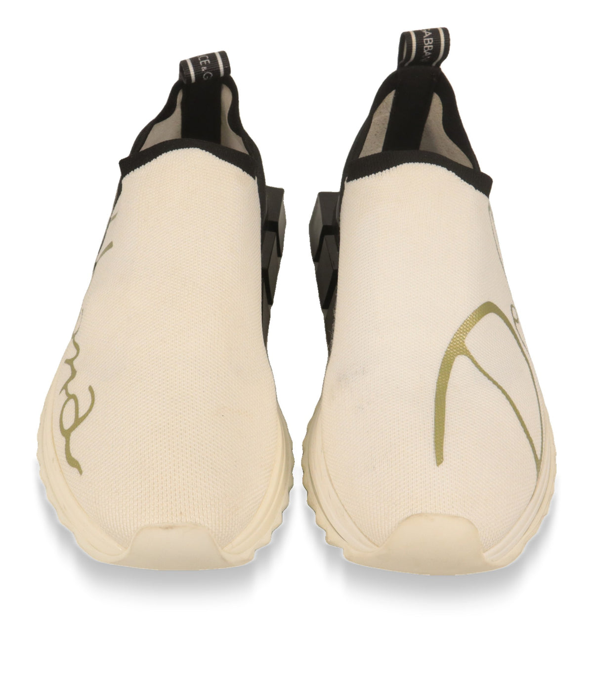 Weiße Dolce & Gabbana Slip-On Sneaker Größe 38 von vorne, Strickobermaterial mit goldenem Logodruck