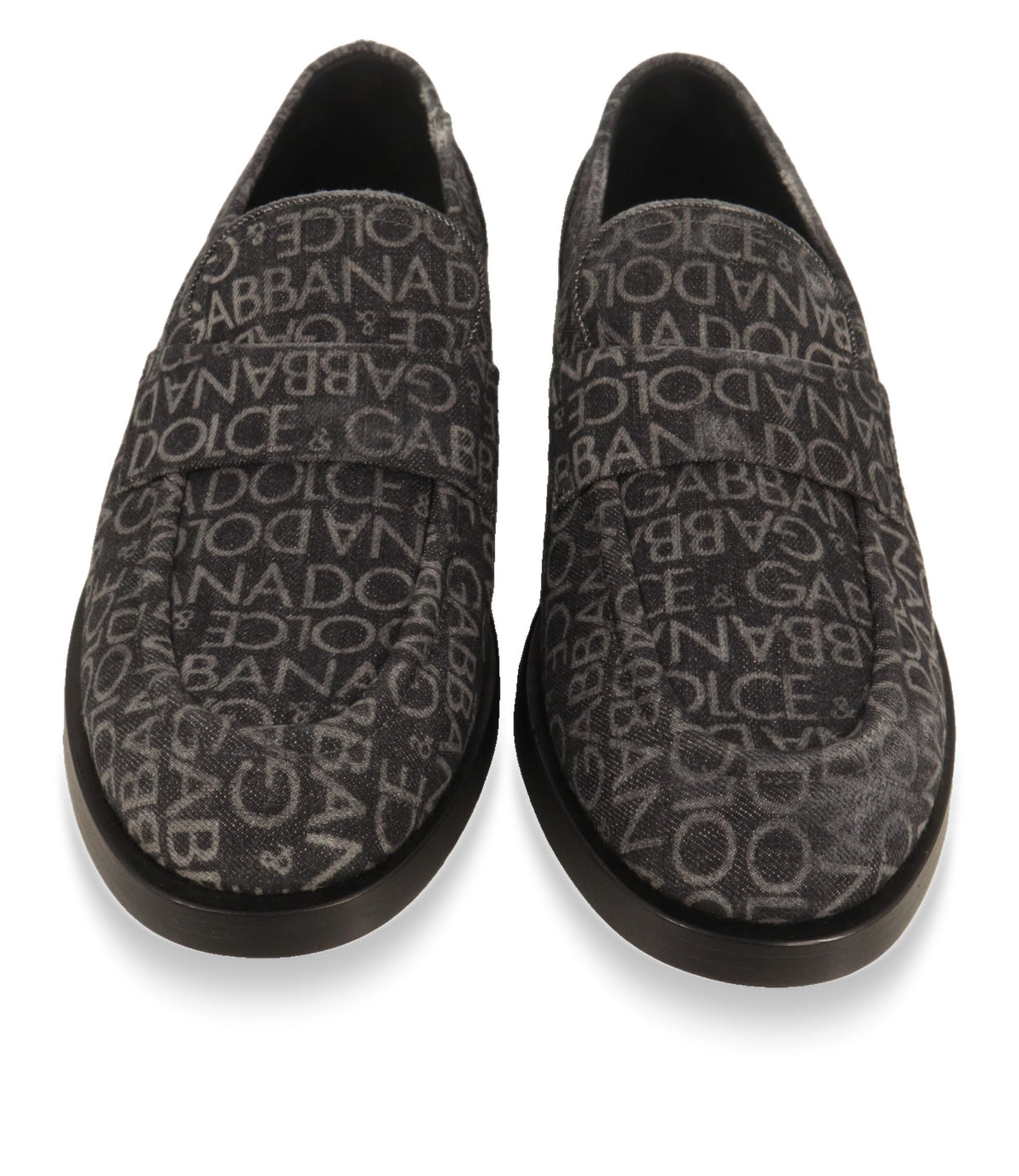 Dolce & Gabbana Slipper von oben: Mokassin-Spange und Denim mit Allover-Schriftzug