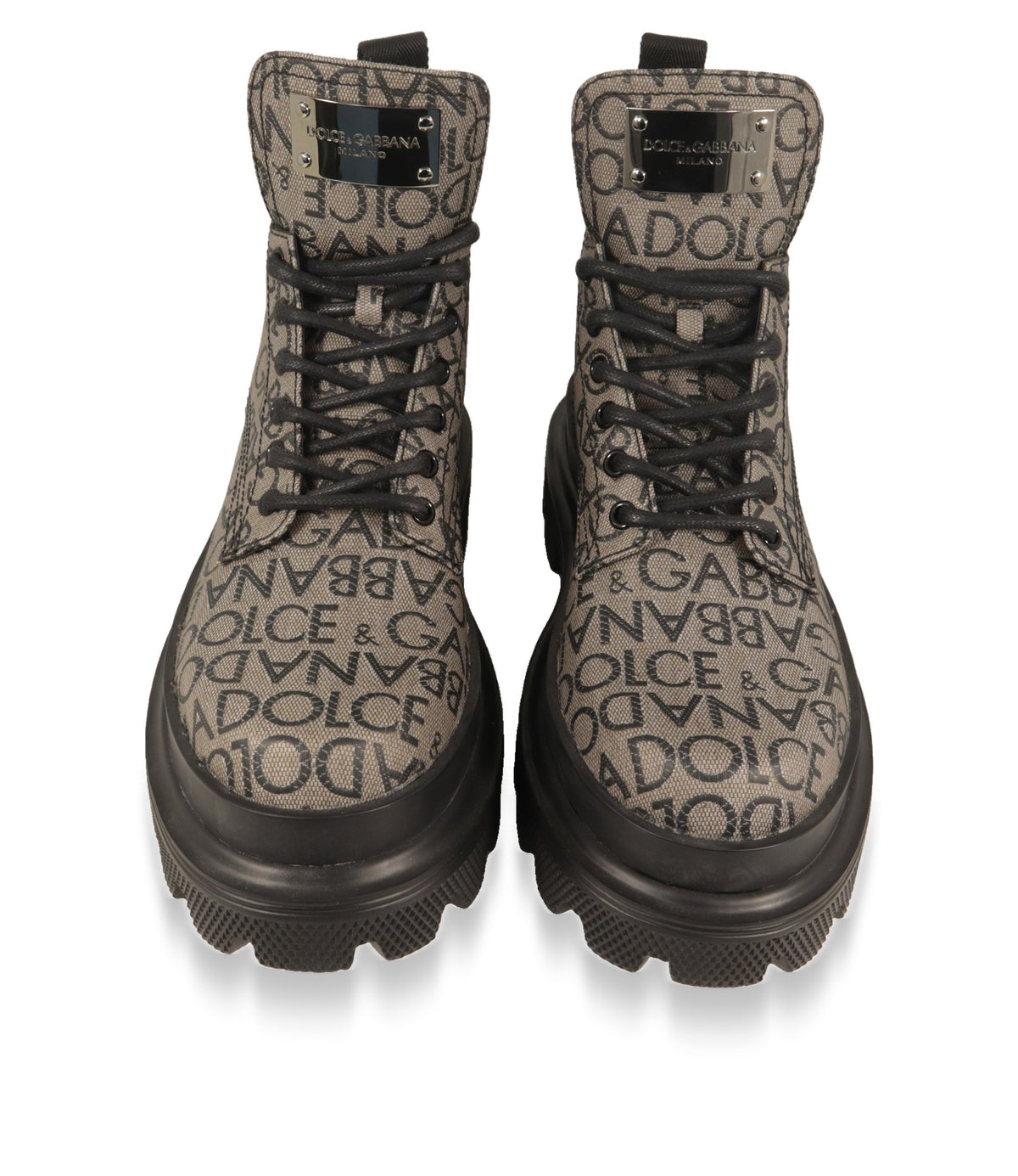 Dolce & Gabbana Boots von vorne mit Allover-Logo-Jacquard und schwarzen Schnürsenkeln