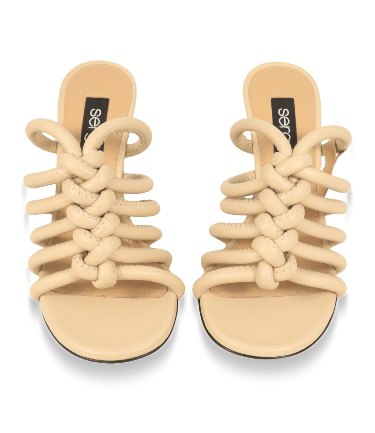 Beige Mules von Sergio Rossi von oben, geflochtene Riemenpartie und offene Zehe