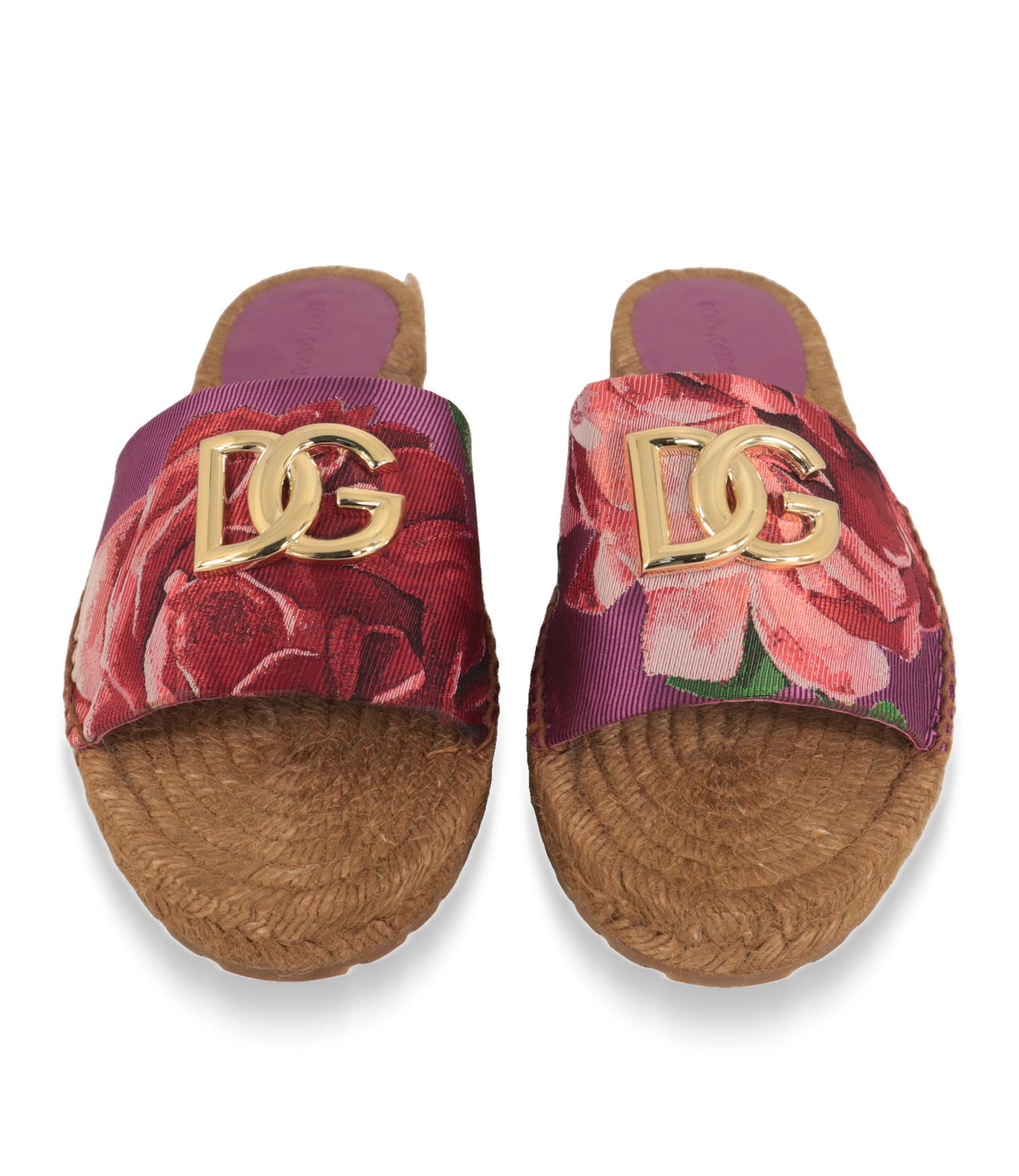 Dolce & Gabbana Espadrilles von vorne mit floralem Jacquard-Riegel und Leder-Decksohle