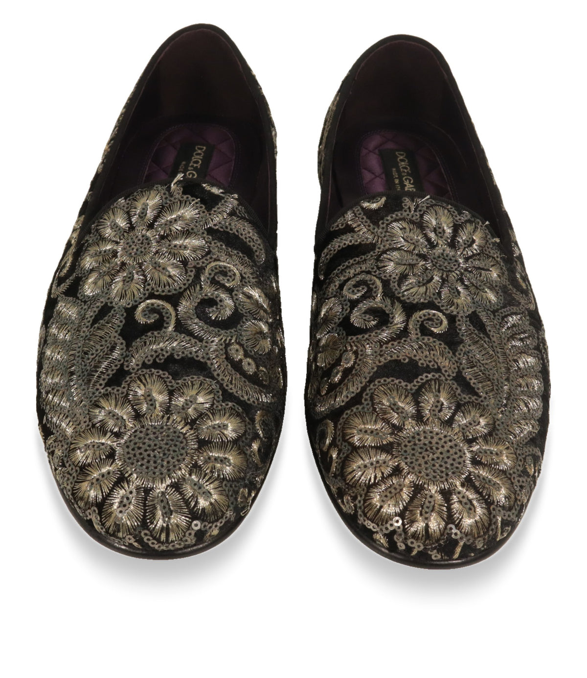 Dolce & Gabbana Slipper von oben mit floraler Gold-Stickerei und violettem Lederfutter