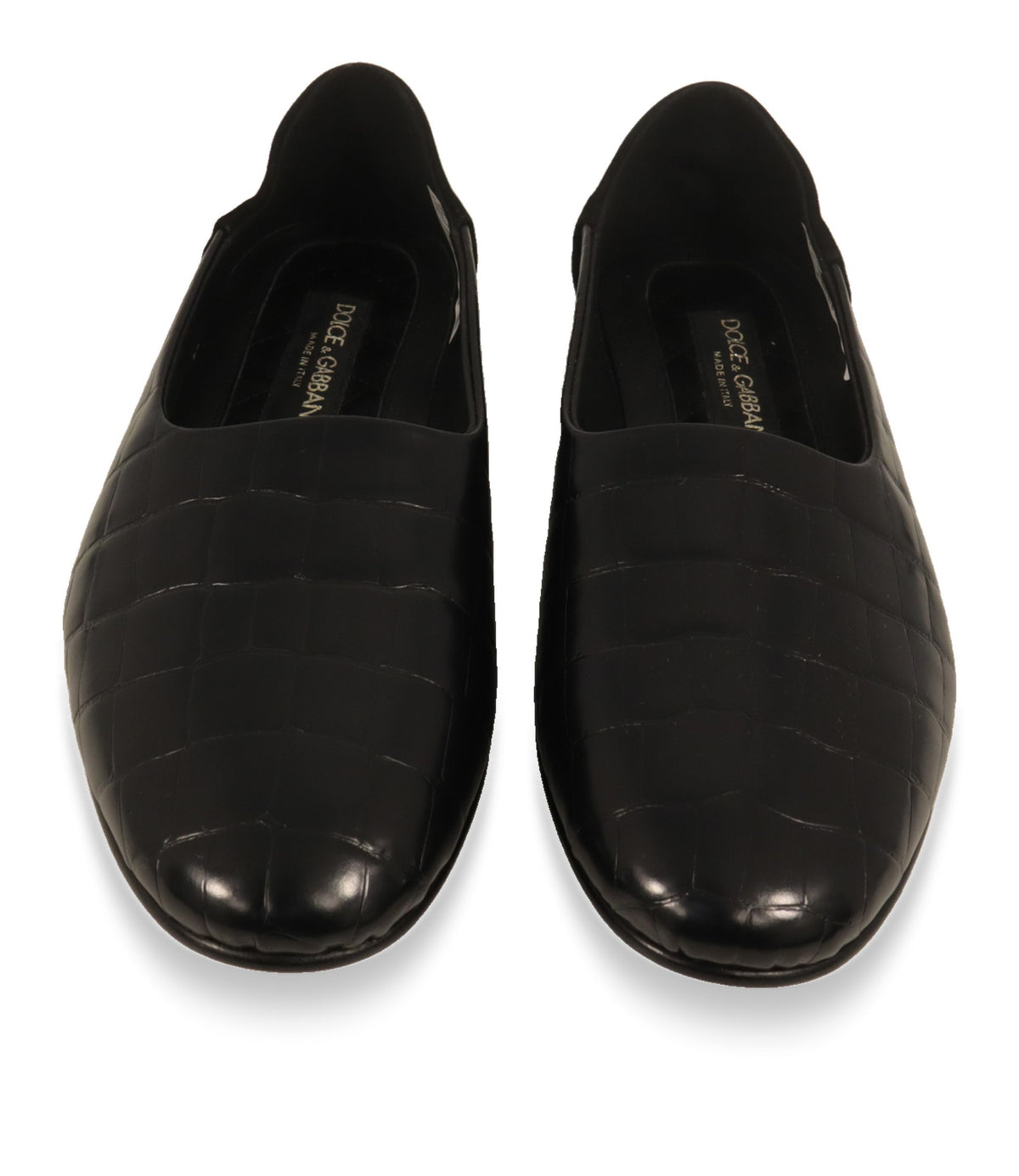 Dolce & Gabbana Slipper von oben, schwarzes Krokoleder mit Logo-Innensohle
