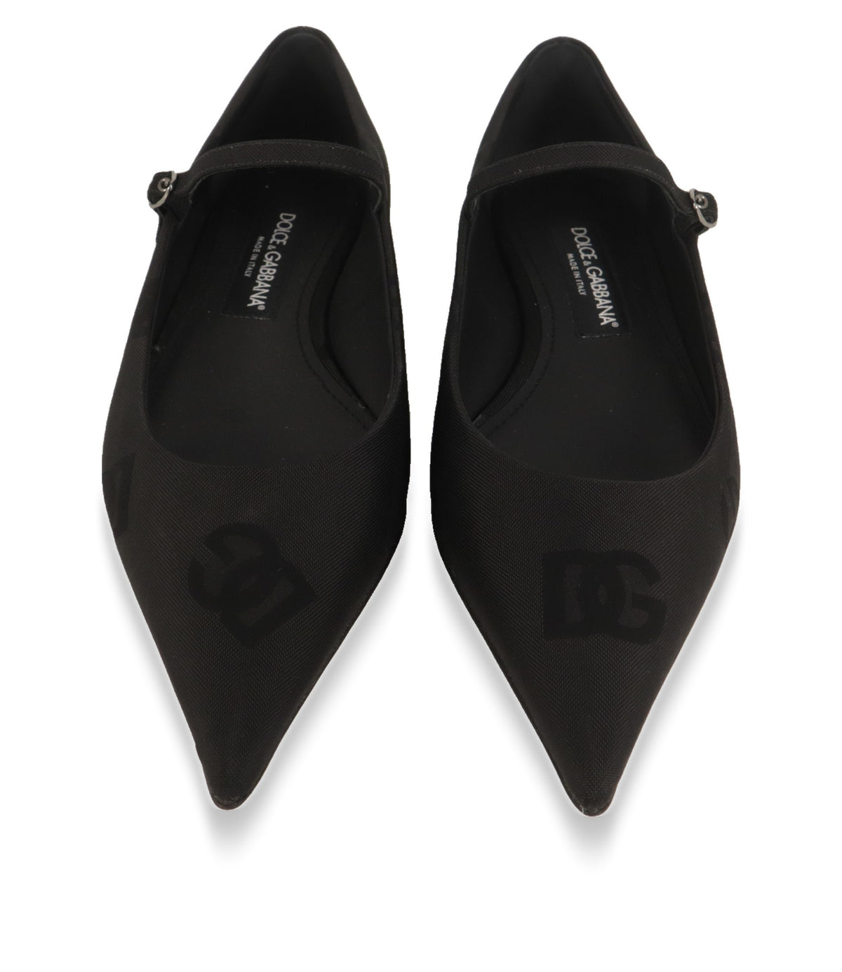 Dolce & Gabbana Damenschuhe in Schwarz von oben mit DG-Logomuster und Innensohlenprägung