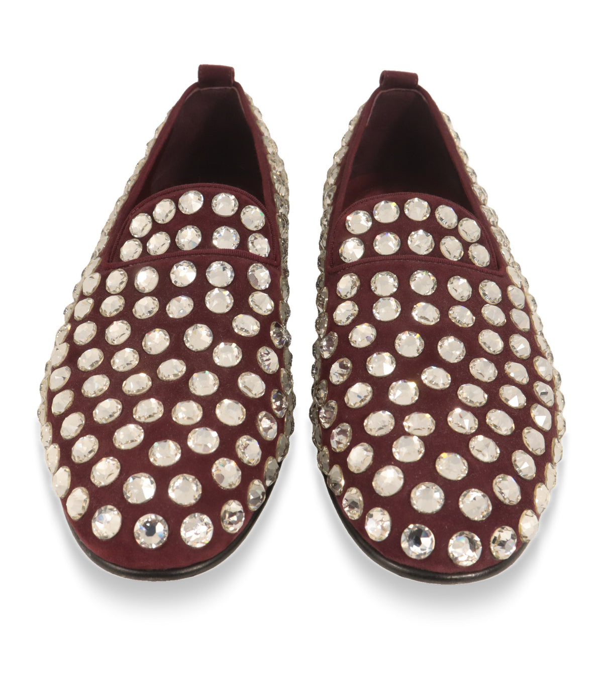 Dolce & Gabbana Slipper Bordeaux, Draufsicht auf beide Schuhe mit Kristallbesatz