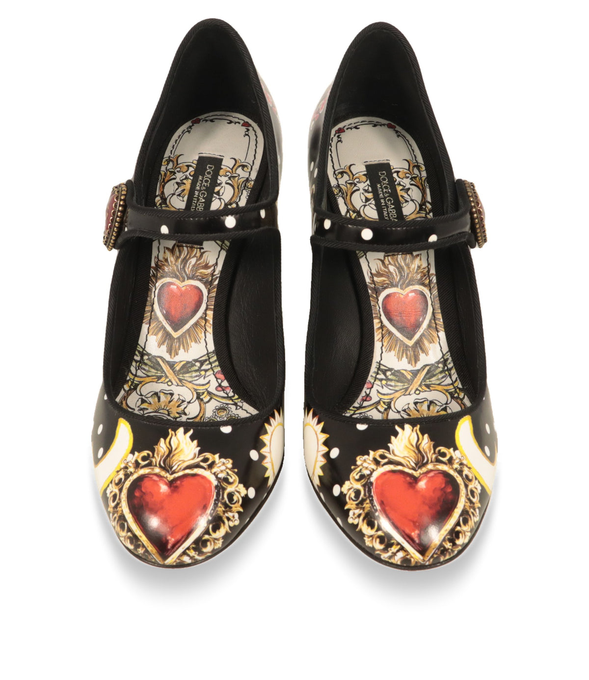 Dolce & Gabbana Mary Jane Absatzschuhe von oben mit rotem Flammenherz auf der Kappe und bedruckter Innensohle