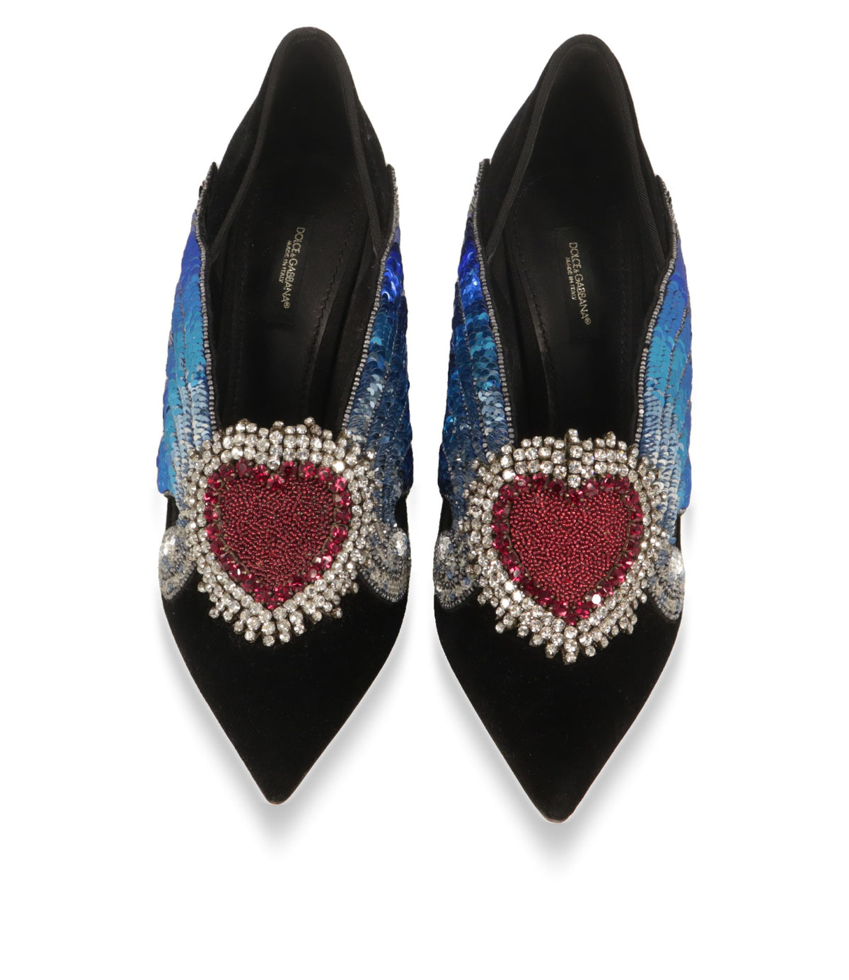 Dolce & Gabbana Pumps von oben mit rotem Kristallherz und Strassfassung