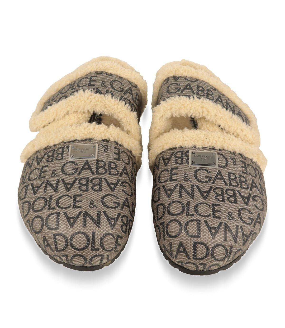 Dolce & Gabbana Slipper Paar von oben mit Allover-Logo-Jacquard und silberner Logoplakette