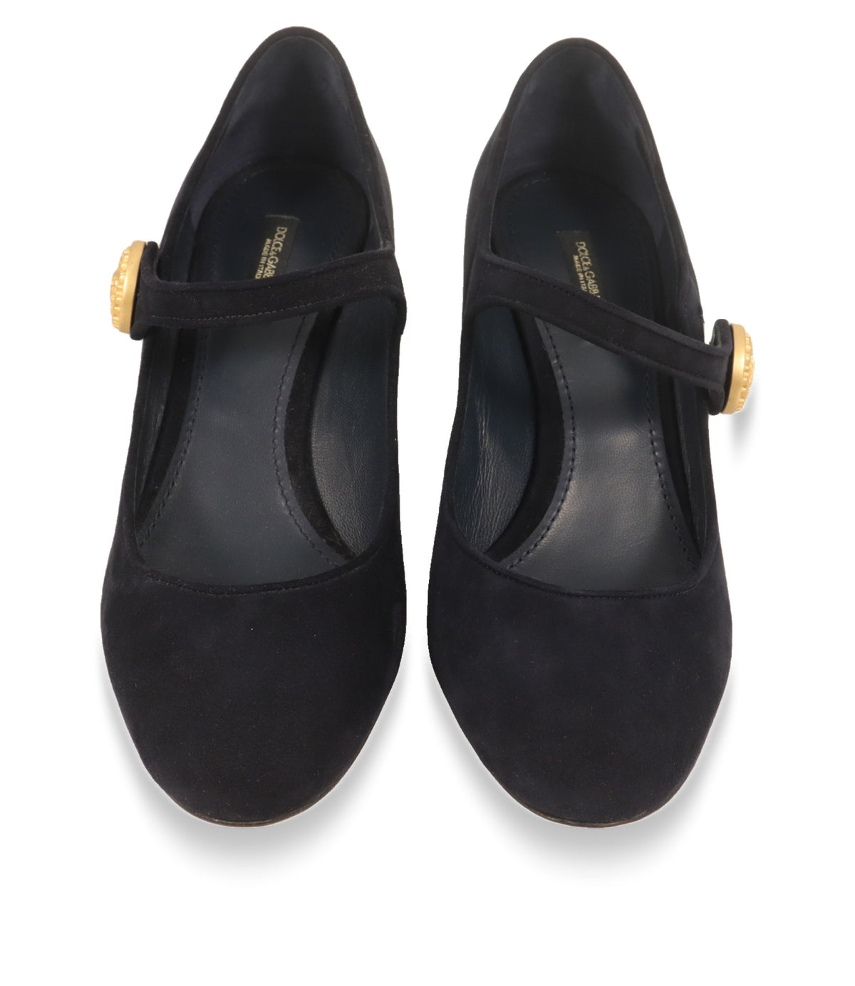 Dolce & Gabbana Damenschuhe von oben: runde Kappe, Spannriemen und blaues Lederfutter