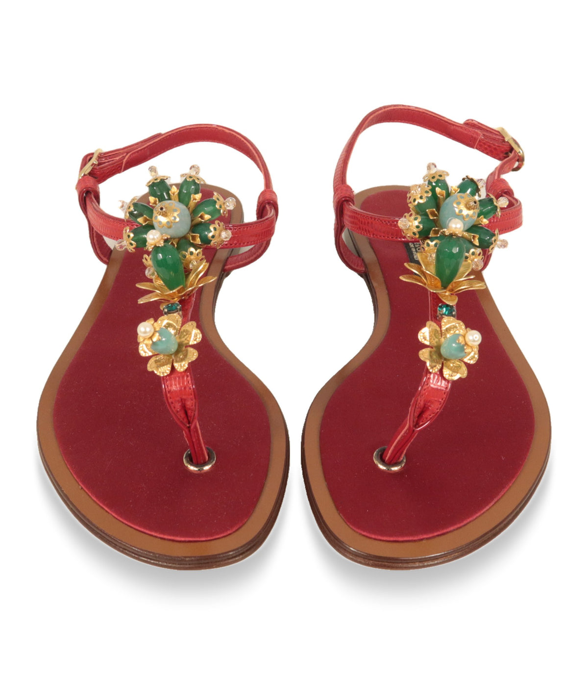 Dolce & Gabbana Damen Sandalen in Rot mit Schmuckapplikation, Draufsicht des Paares