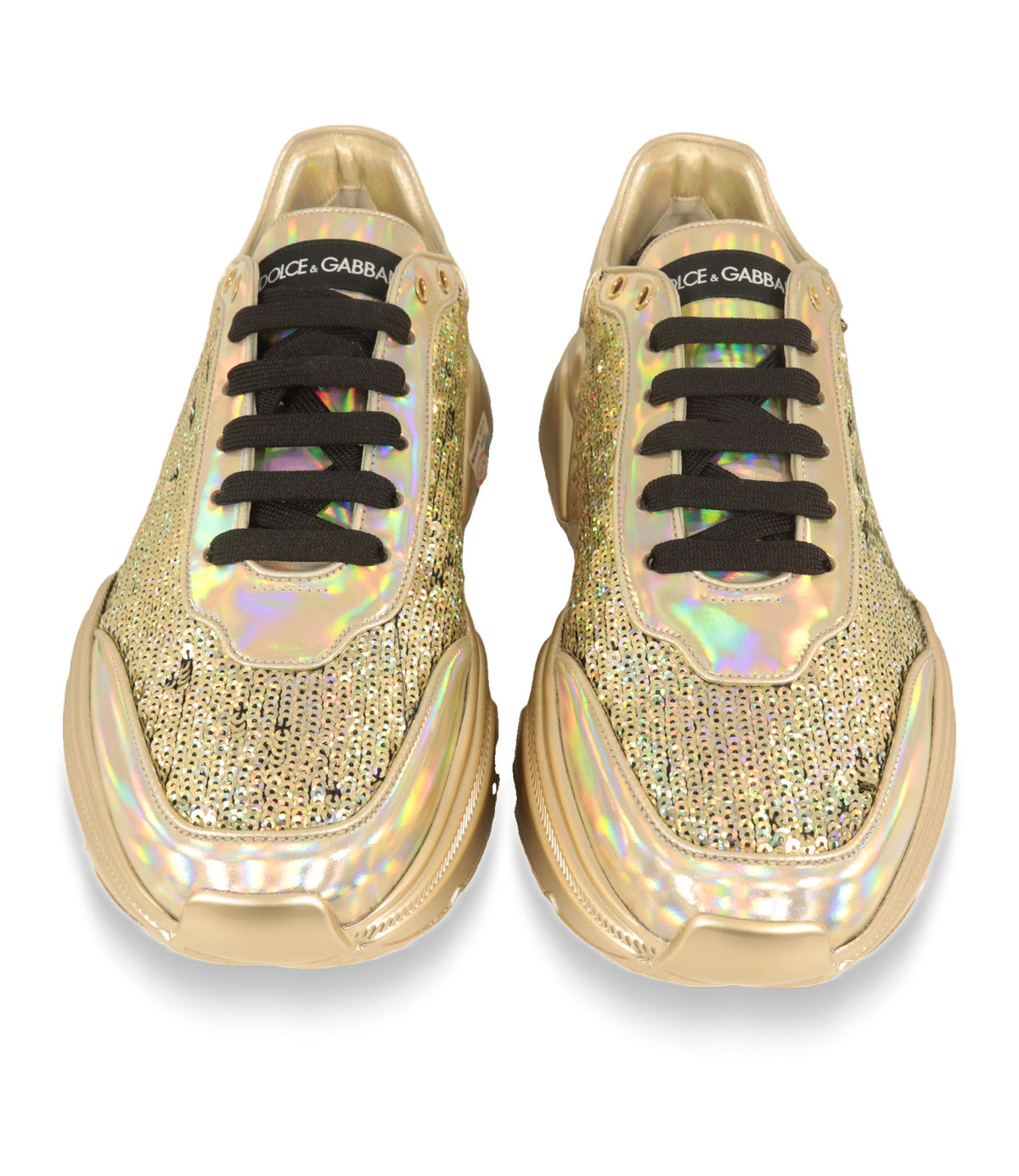 Dolce & Gabbana Sneaker Gold, Frontansicht mit schwarzen Schnürsenkeln
