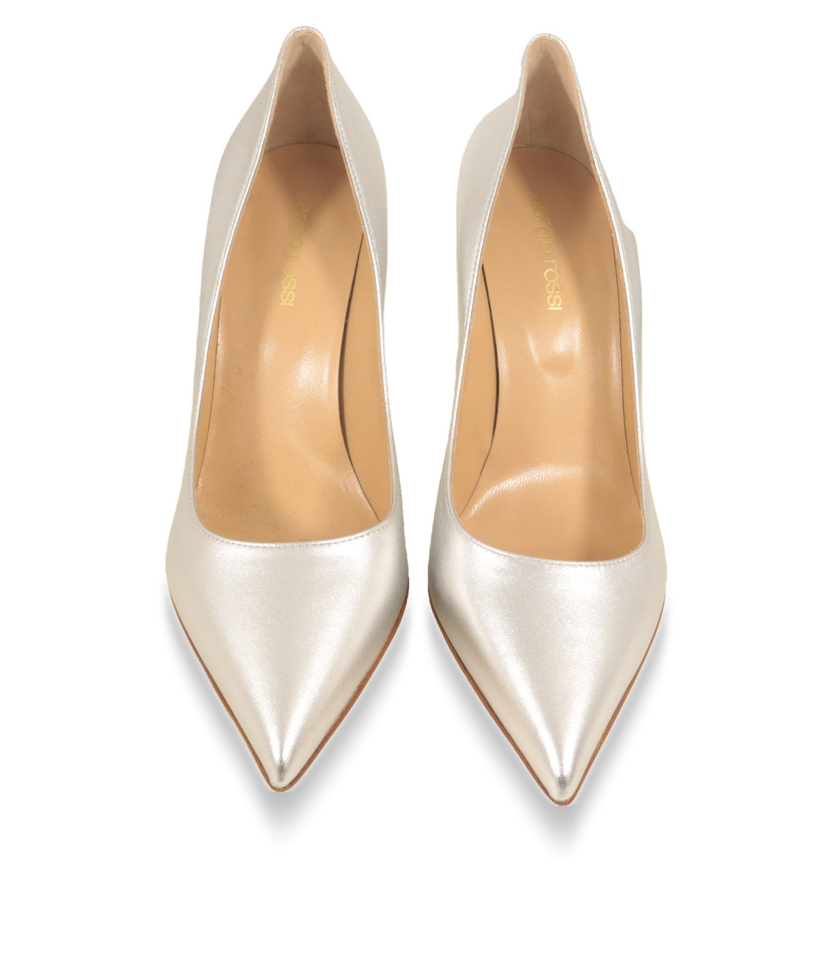 Silberne Sergio Rossi High Heels von oben mit Blick auf Innensohle und Markenlogo