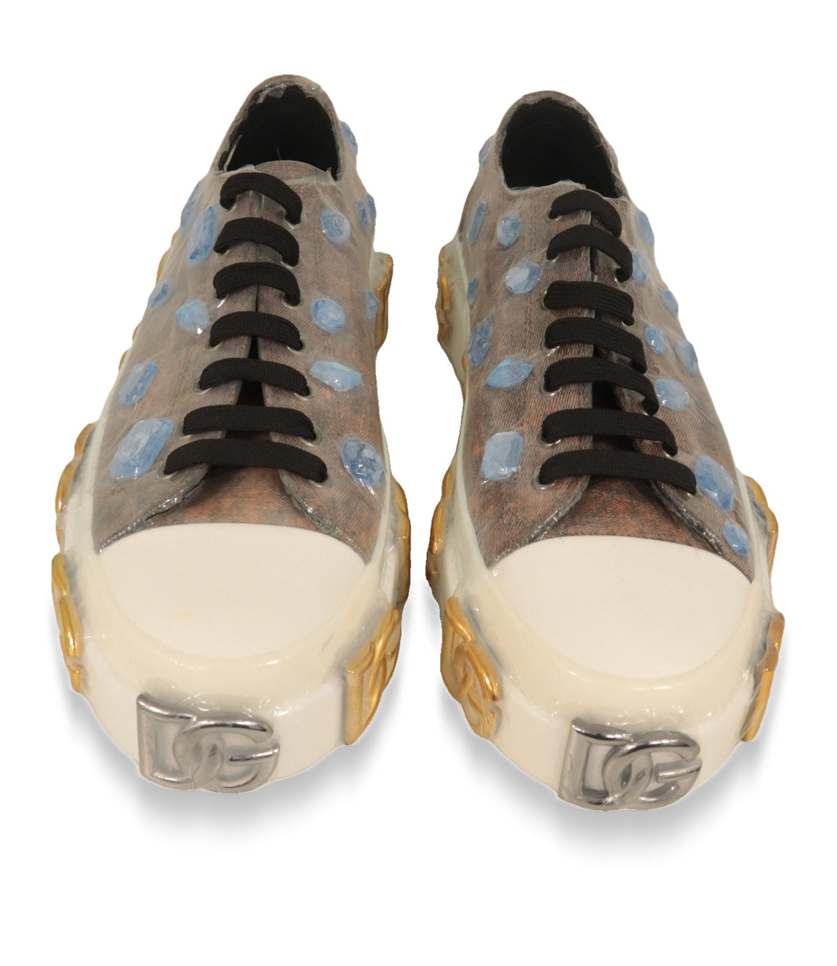 Dolce & Gabbana Sneaker von oben mit schwarzer Schnürung, Kristallen und weißer Gummikappe