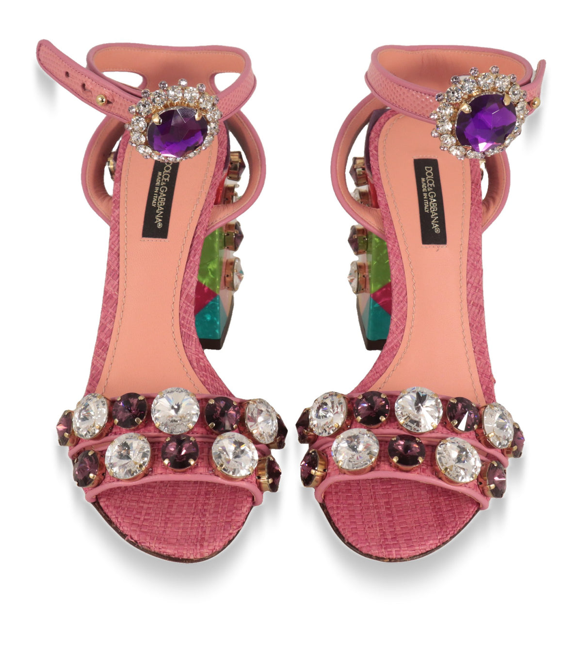 Dolce & Gabbana Sandaletten in Rosa mit Kristallschließe am Knöchelriemen, Draufsicht auf das Paar