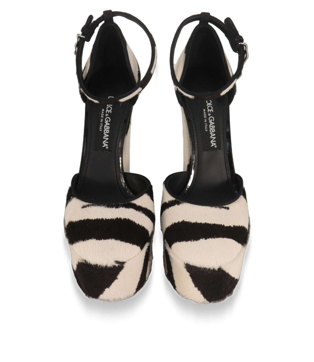 Dolce & Gabbana High Heels Zebra von oben, quadratische Kappe und schwarzes Lederfußbett