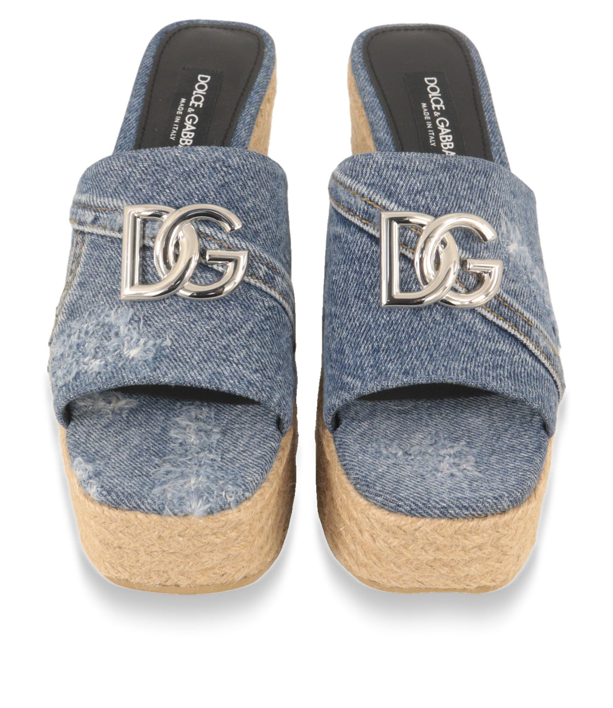 Dolce & Gabbana Plateau-Sandalen von oben mit offener Zehenpartie und DG-Logo auf dem Denim-Riemen