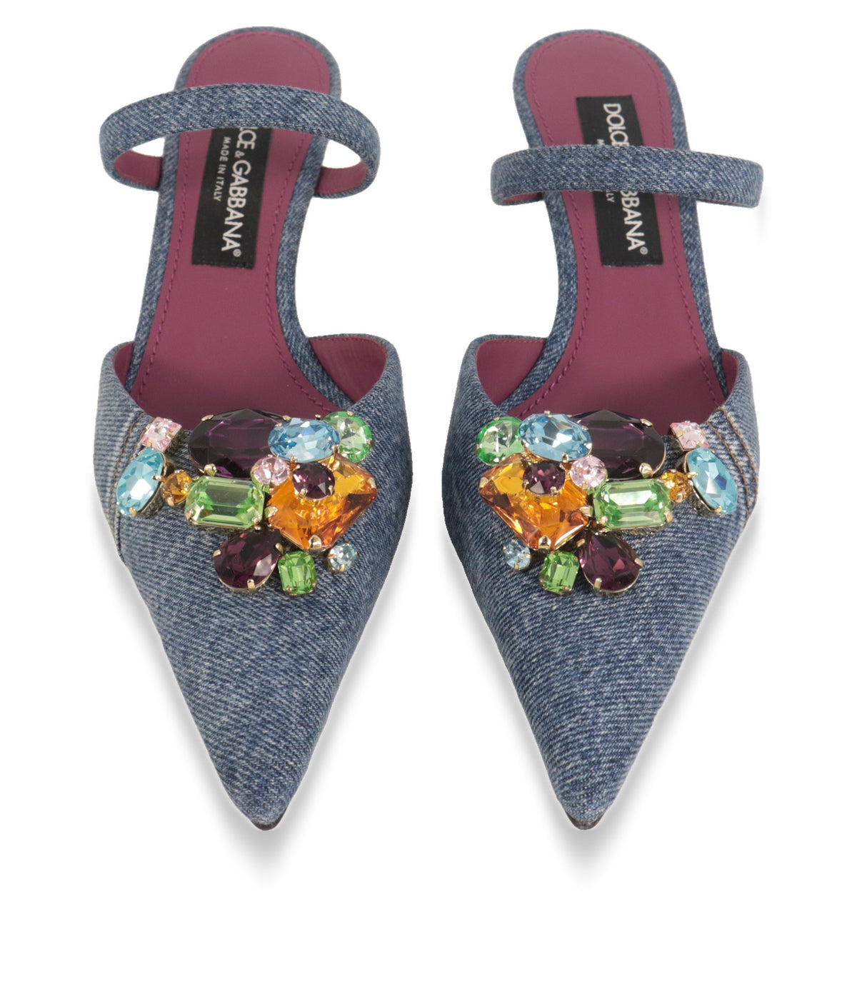 Dolce & Gabbana Mules von oben mit fuchsiafarbenem Innenfutter und bunten Kristallen