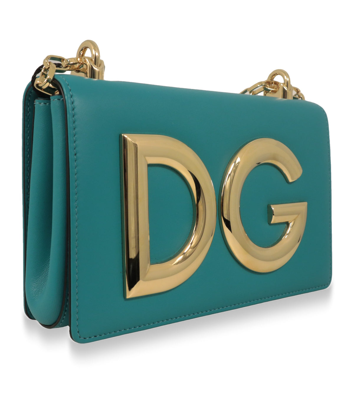 Dolce & Gabbana Schultertasche Türkis in Schrägansicht mit DG-Logo aus Metall