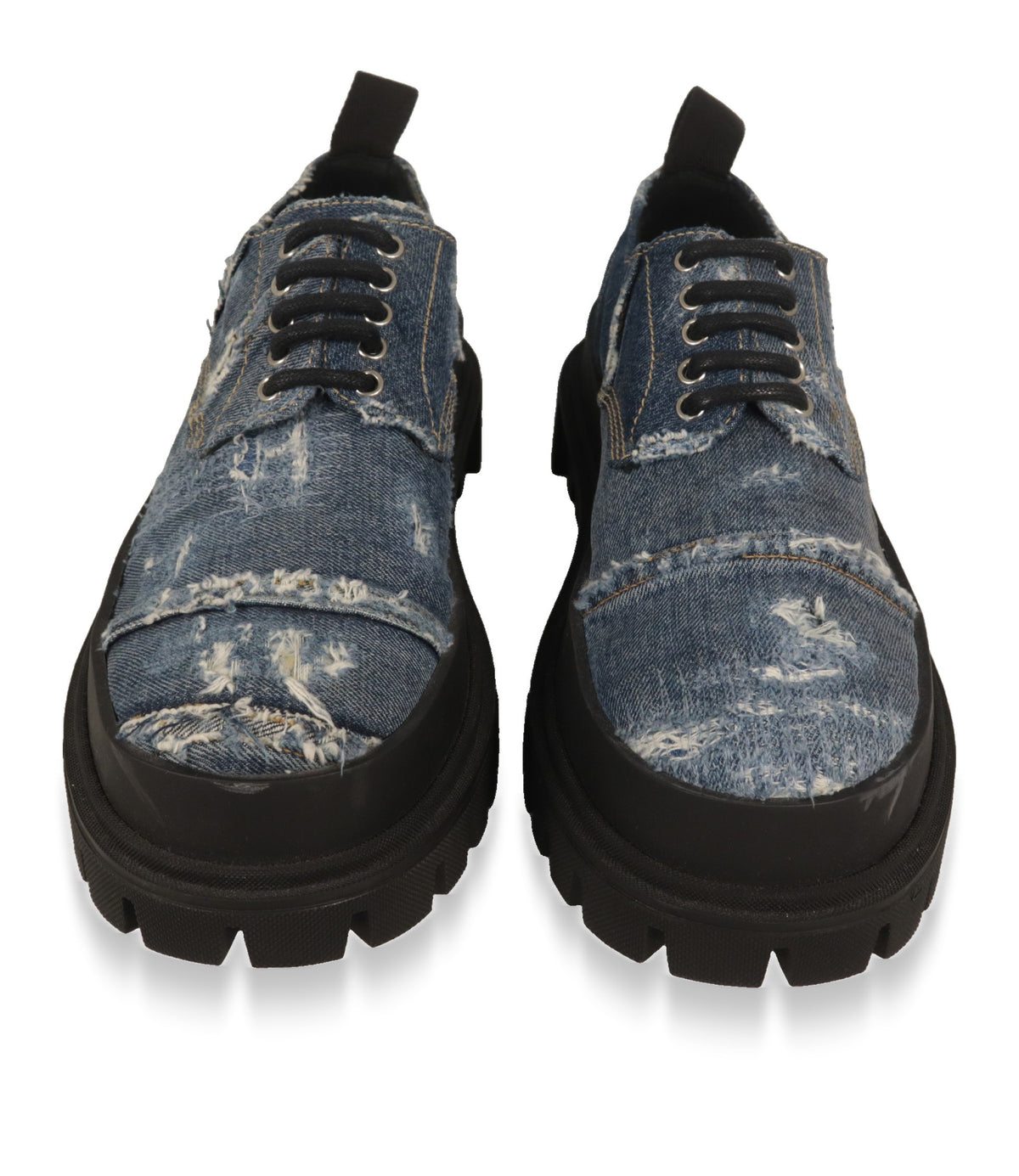 Dolce & Gabbana Derby Schuhe von vorne mit Metallösen und runder Kappe aus Denim