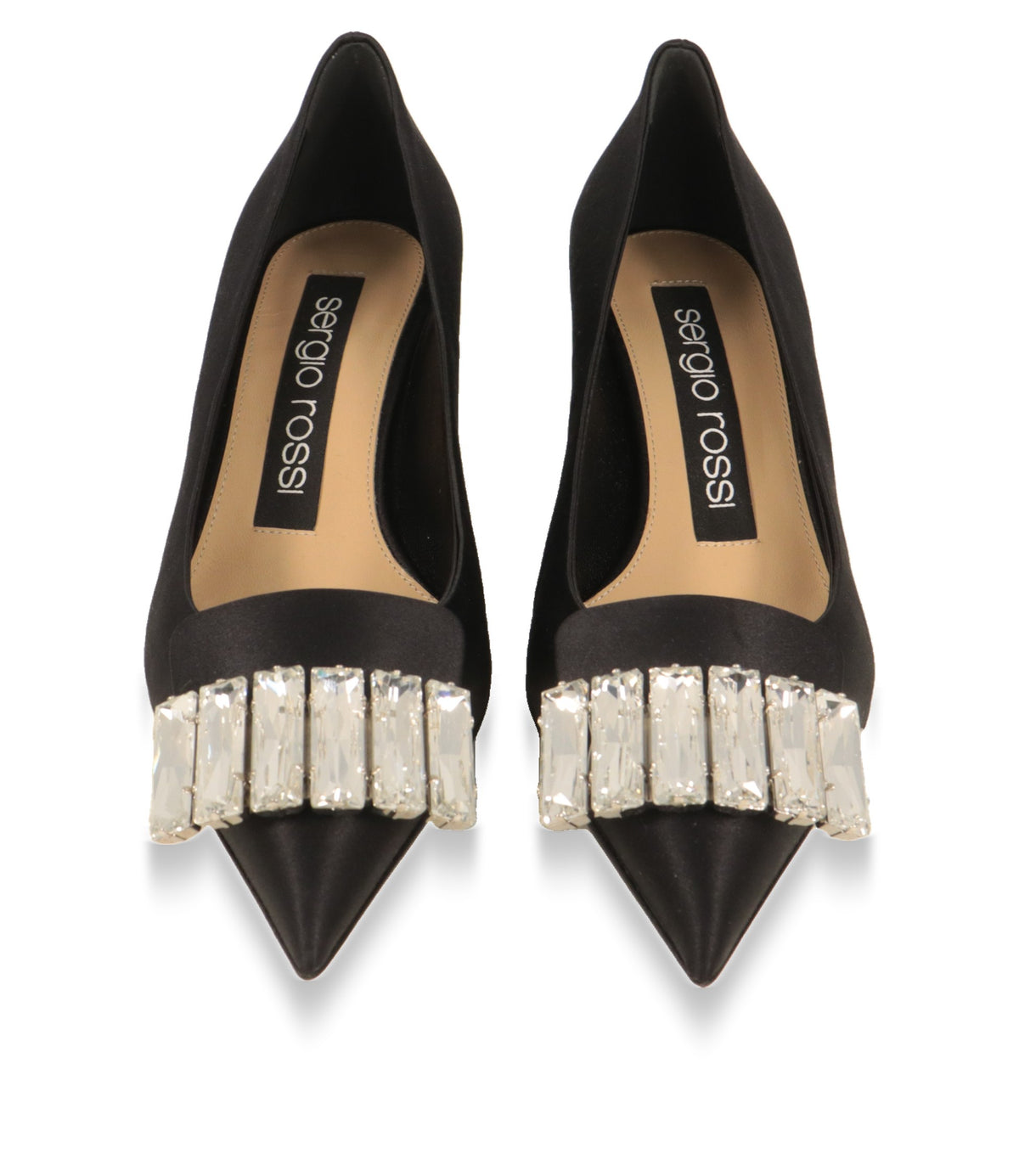 Sergio Rossi Pumps von oben mit Logo-Innensohle und Kristallspange