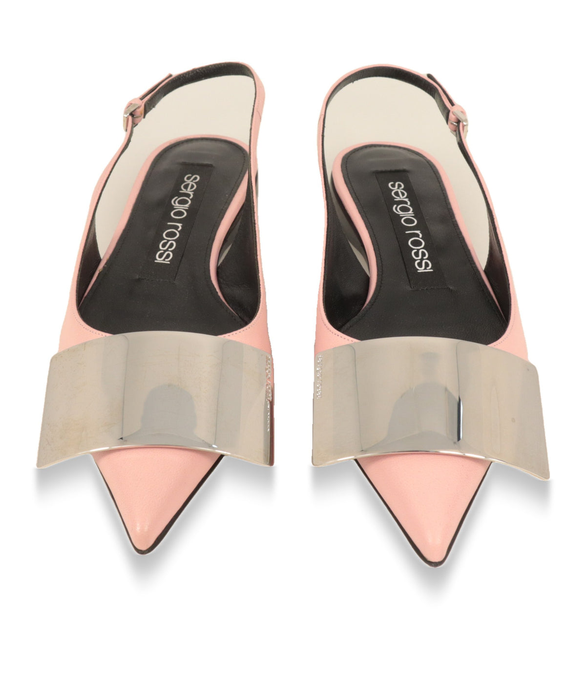 Flache Sergio Rossi Damenschuhe in Rosa mit spitzer Kappe, Draufsicht auf beide Schuhe