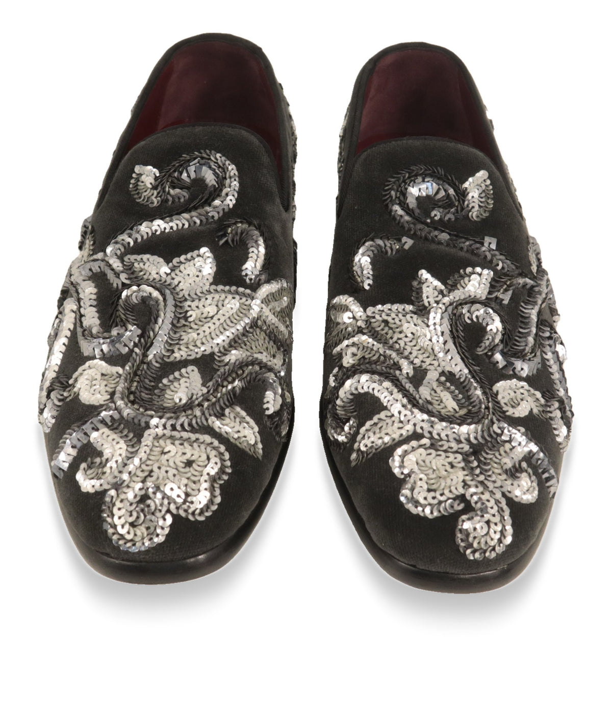 Dolce & Gabbana Slipper von oben mit Blick auf rotes Innenfutter und Silberstickerei