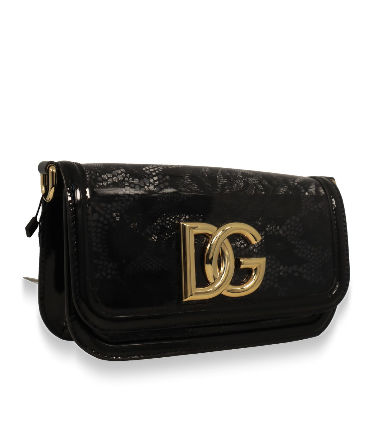 Dolce & Gabbana Umhängetasche Schwarz mit floralem Spitzenmuster, Schrägansicht