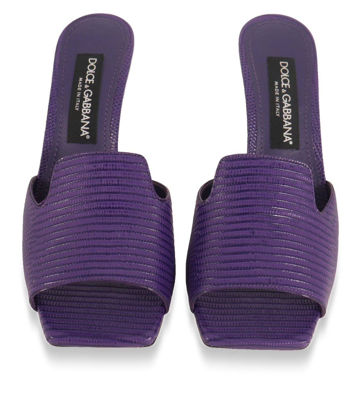 Dolce & Gabbana Mules in Violett mit quadratischer offener Zehenpartie, Draufsicht