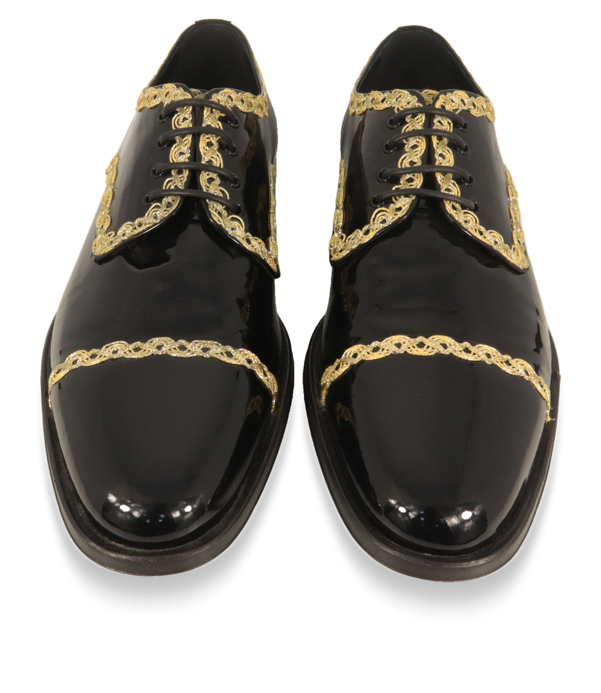 Dolce & Gabbana Derby Schuhe von oben mit offener Schnürung und goldener Zierborte